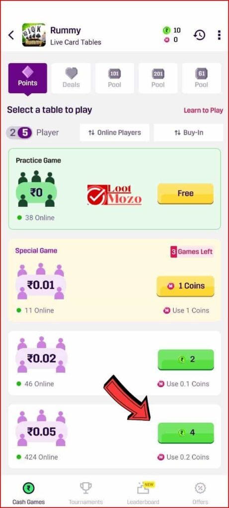 steps to play Rummy on the MPL app
